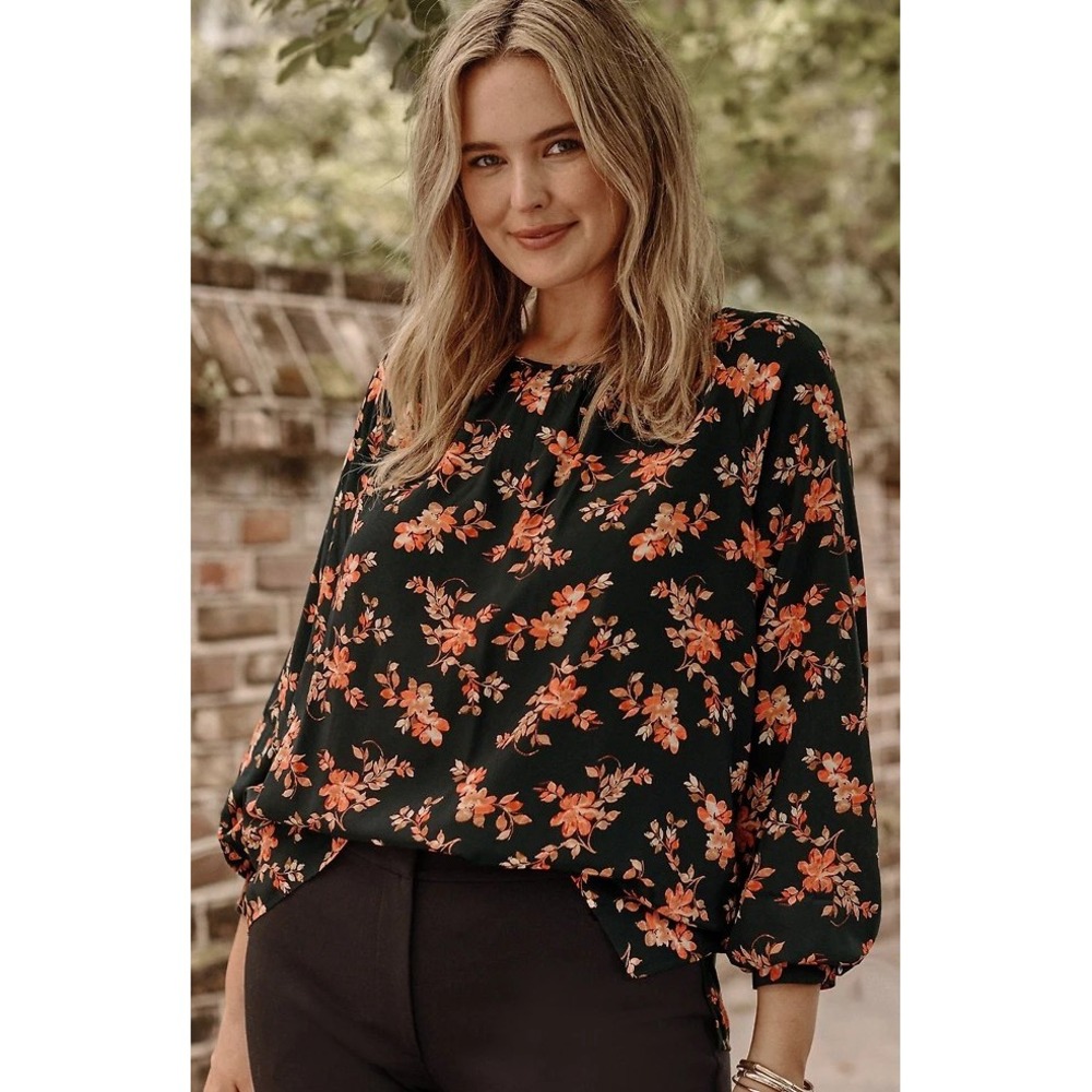 J. Jill Floral Pullover Tunic Top Blouse Black Coral Lightweight Buttons Fall M